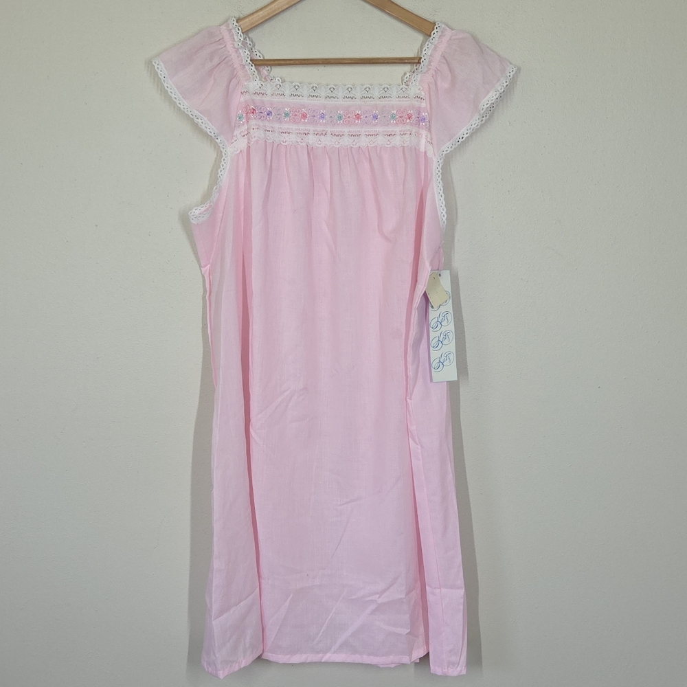 Vtg NWT Katz Pastel Pink Embroidered Lace Trim Nightgown L Cottagecore Granny